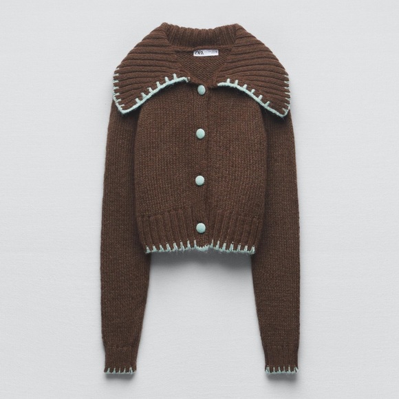 Zara Contrast Topstitching Knit Cardigan - Picture 5 of 16
